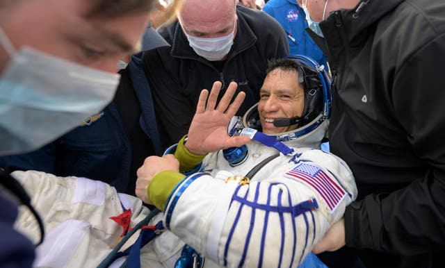 <p>NASA astronaut Frank Rubio is helped out of the Soyuz MS-23 spacecraft just minutes after he and Russian cosmonauts Sergey Prokopyev and Dmitri Petelin, landed in a remote area near the town of Zhezkazgan, Kazakhstan on Wednesday, Sept. 27, 2023.</p>