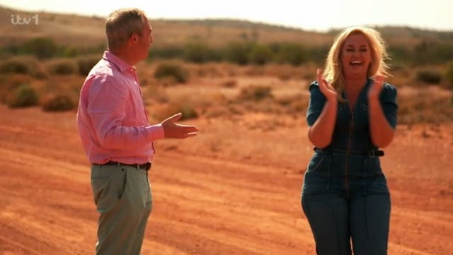 <p>I’m A Celebrity’s Josie Gibson takes Brexit swipe at Nigel Farage as pair meet for first time.</p>