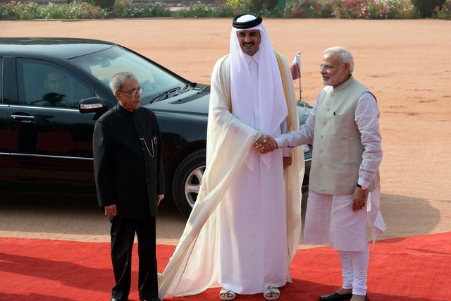 <p>Indian prime minister Narendra Modi shakes hands with Emir of the State of Qatar Sheikh Tamim Bin Hamad Al-Thani during a ceremonial reception in New Delhi in 2015</p>