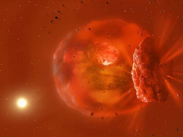 <p>A visualisation of the huge, glowing planetary body produced by a planetary collision</p>