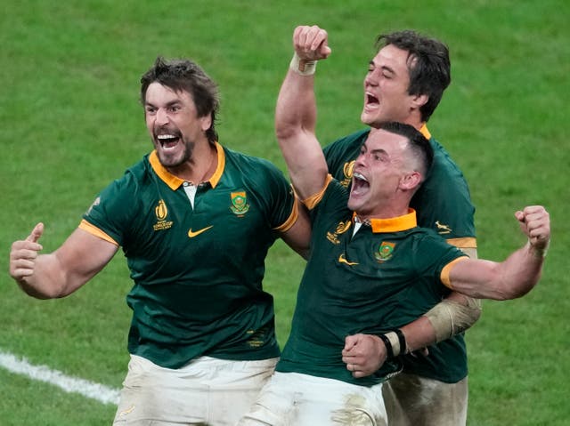 <p>South Africa players celebrate at the end of the Rugby World Cup final</p>